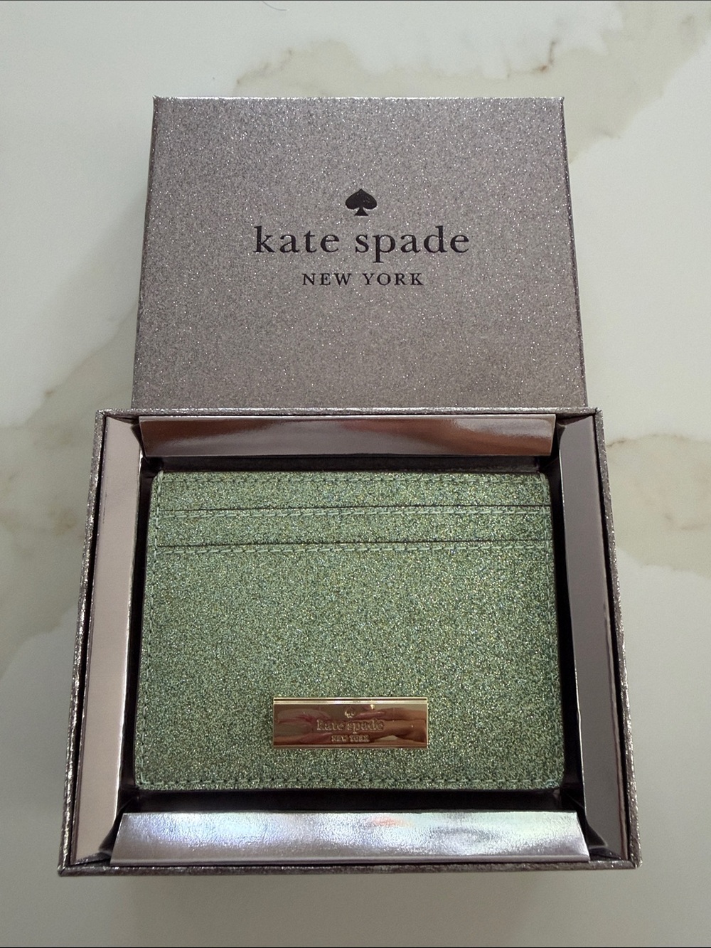 kate spade Green Glitter Card & Key Holder with Gold Logo Plate